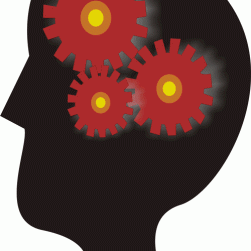 Graphic of face in profile, with three red gears inside